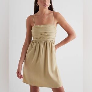 Express Square Neck Ruched Mini Babydoll Dress in Tan